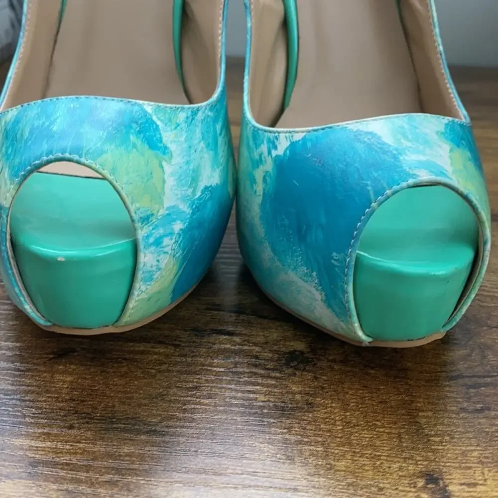 FSJ Blue & Green Abstract Paint Design Platform Slingback 5.5” + Heel - Picture 5 of 12
